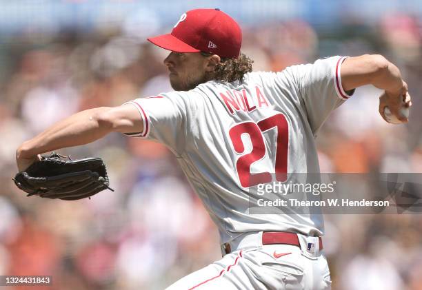 Aaron Nola of the Philadelphia Phillies pitches against the San Francisco Giants in the bottom of the first inning at Oracle Park on June 19, 2021 in...