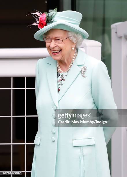 Queen Elizabeth II stands in the parade ring on day 5 of Royal Ascot at Ascot Racecourse on June 19, 2021 in Ascot, England.