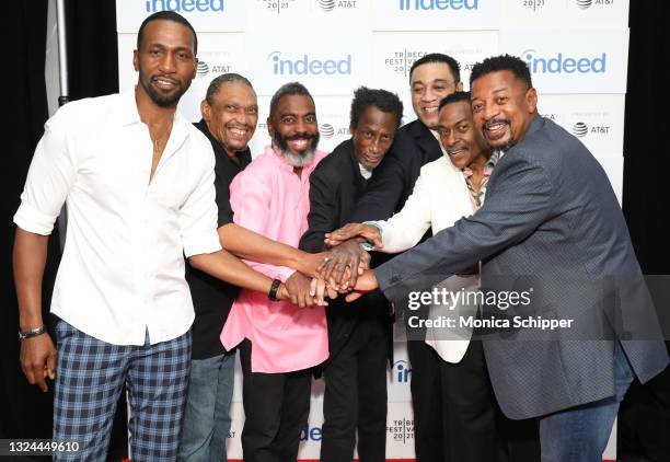 Leon, Hawthorne James, Michael Wright, Tico Wells, Harry Lennix, Harold Nicholas, and Robert Townsend attend "The Five Heartbeats" premiere during...