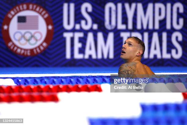 Caeleb Dressel of the United States reacts after competing in a semifinal heat for the Men's 50m freestyle during Day Seven of the 2021 U.S. Olympic...