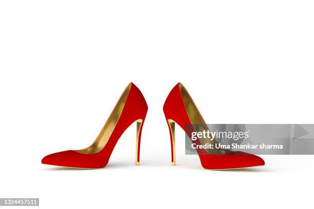 red high heel sandals, computer generated image of ladies high heel pumps against a white background. - gold high heels stock pictures, royalty-free photos & images