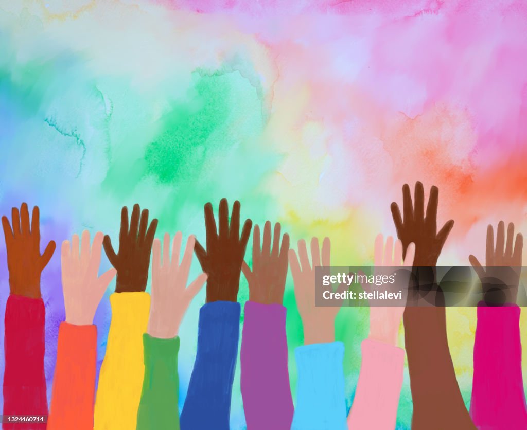 Multicolored Rainbow arms raised. LGBTQIA
