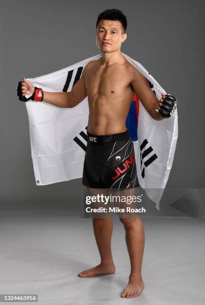 The Korean Zombie' Chan Sung Jung of South Korea poses for a portrait after his victory during the UFC Fight Night event at UFC APEX on June 19, 2021...