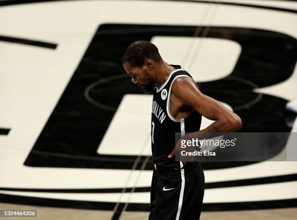 Kevin Durant of the Brooklyn Nets reacts during game seven of the Eastern Conference second round at Barclays Center on June 19, 2021 in the Brooklyn...