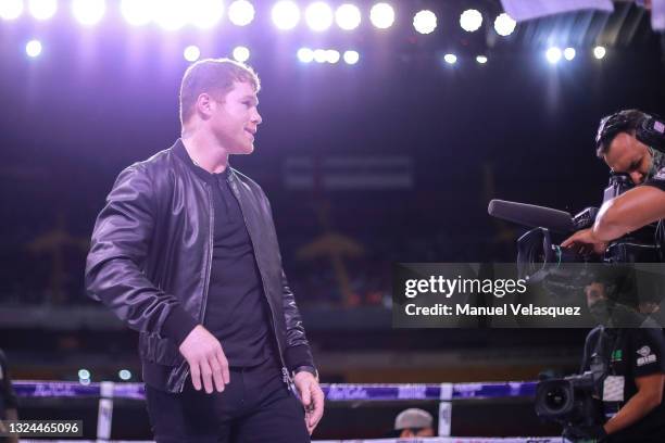 Saul "Canelo" Alvarez, gestures during a fight as part of the Tribute to the Kings at Jalisco Stadium on June 19, 2021 in Guadalajara, Mexico.