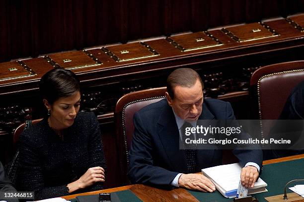 Italian Prime Minister Silvio Berlusconi , Minister for Equal Oppurtunities, Mara Carfagna , attend the vote for the 2012 Budget Law at the Chambers...