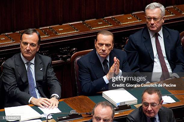 Italian Prime Minister Silvio Berlusconi , Foreign Affairs Minister, Franco Frattini and Economy Minister, Giulio Tremonti, attend the vote for the...