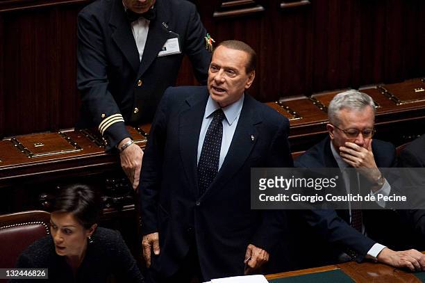 Italian Prime Minister Silvio Berlusconi , Minister for Equal Oppurtunities, Mara Carfagna and Economy Minister, Giulio Tremonti, attend the vote for...