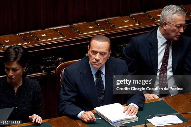 Italian Prime Minister Silvio Berlusconi , Minister for Equal Oppurtunities, Mara Carfagna and Economy Minister, Giulio Tremonti, attend the vote for...