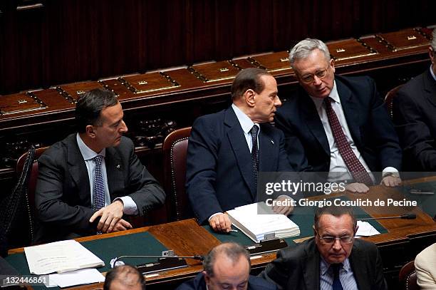 Italian Prime Minister Silvio Berlusconi , Foreign Affairs Minister, Franco Frattini and Economy Minister, Giulio Tremonti, attend the vote for the...