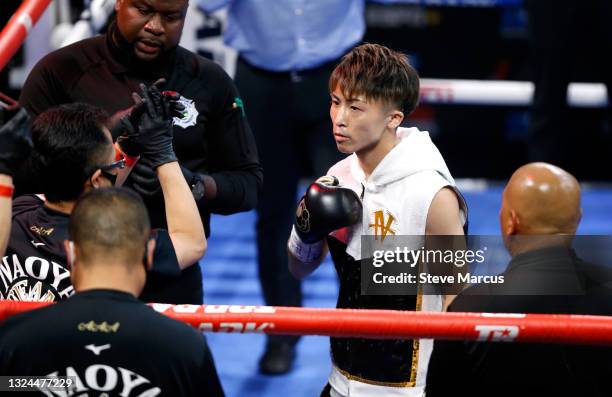 Bantamweight champion Naoya Inoue of Japan prepares for his title fight against Michael Dasmarinas of Philippines at Virgin Hotels Las Vegas on June...