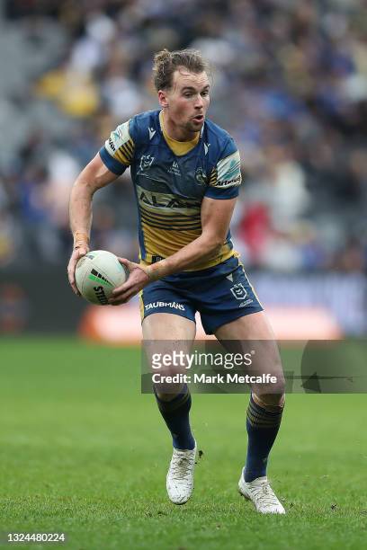 Clinton Gutherson of the Eels in action during the round 15 NRL match between the Parramatta Eels and the Canterbury Bulldogs at Bankwest Stadium, on...