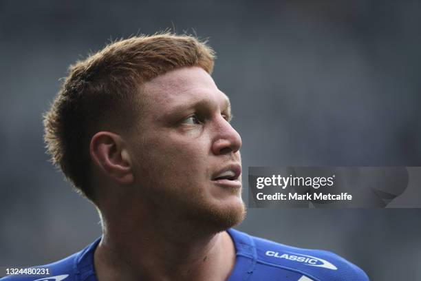 Dylan Napa of the Bulldogs looks on during the round 15 NRL match between the Parramatta Eels and the Canterbury Bulldogs at Bankwest Stadium, on...