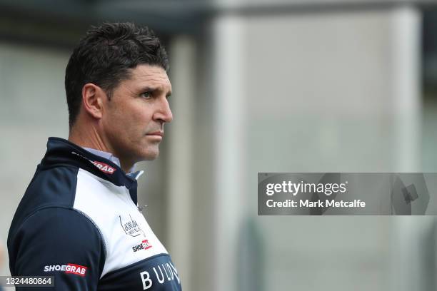 Bulldogs coach Trent Barrett looks on during the round 15 NRL match between the Parramatta Eels and the Canterbury Bulldogs at Bankwest Stadium, on...