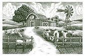 Landscape of animal farm hand draw vintage engraving style black and white clip art isolated on white background