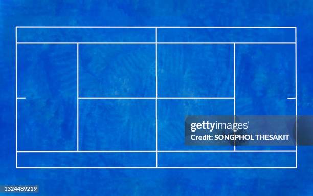 aerial view/empty beautiful blue tennis courts waiting for tennis players to compete. - tennis court fotografías e imágenes de stock