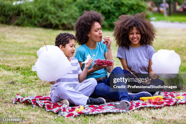 eine afroamerikanische familie hat picknickzeit in der natur. - black cherries stock-fotos und bilder