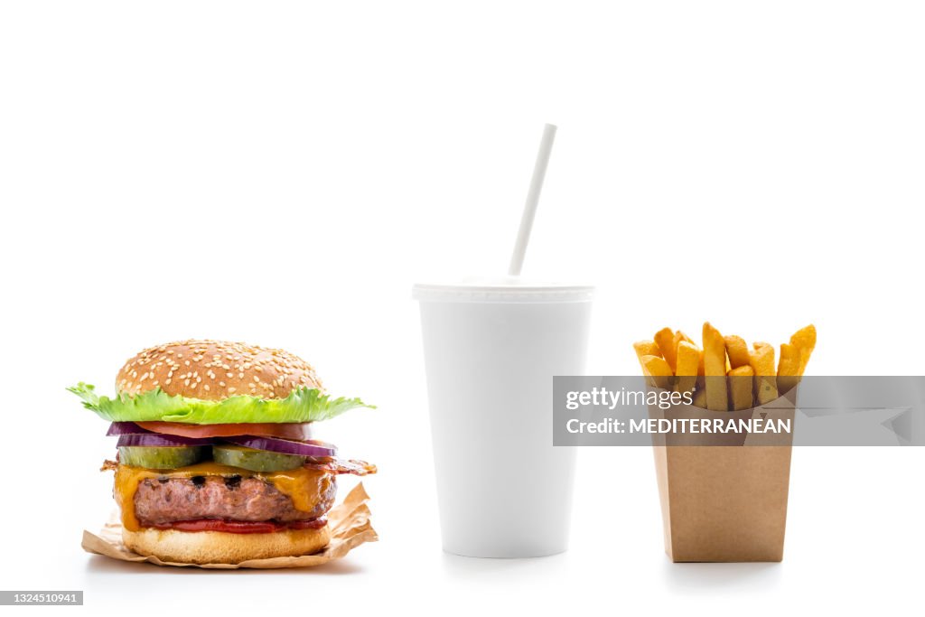 Burger combo with Take away beverage glass strawn and disposable french fries in kraft paper box isolated on white
