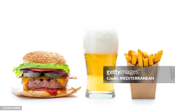 burger combo with beer glass beverage and disposable french fries in kraft paper box isolated on white - burger and fries stockfoto's en -beelden