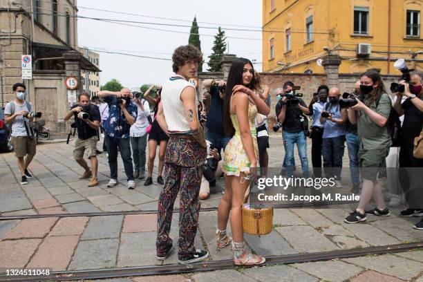 Diego Lazzari and Elisa Maino are seen arriving at the Etro Fashion Show at the Milan Men's Fashion Week Spring/Summer 2021/22 on June 20, 2021 in...