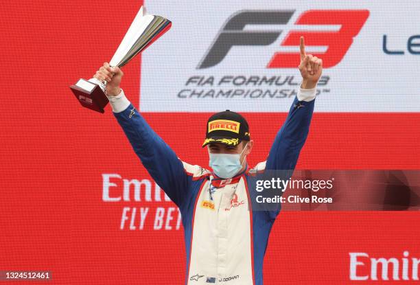 Race winner Jack Doohan of Australia and Trident celebrates on the podium during race 3 of Round 2:Le Castellet of the Formula 3 Championship at...