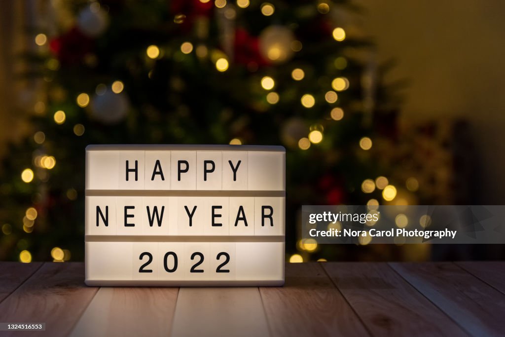 Light Box With Text Happy New Year 2022 With Christmas Light