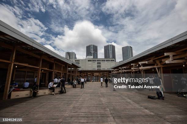 General view during press preview of the Village Plaza as part of the Olympic and Paralympic Village media tour on June 20, 2021 in Tokyo, Japan....