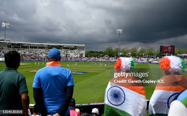 Fans watch play during Day 3 of the ICC World Test Championship Final between India and New Zealand at The Ageas Bowl on June 20, 2021 in...