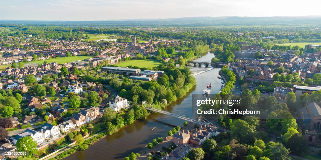 Cheshire Rivers Aerial View Of River Dee In Chester Including Queens Park Bridge And ...