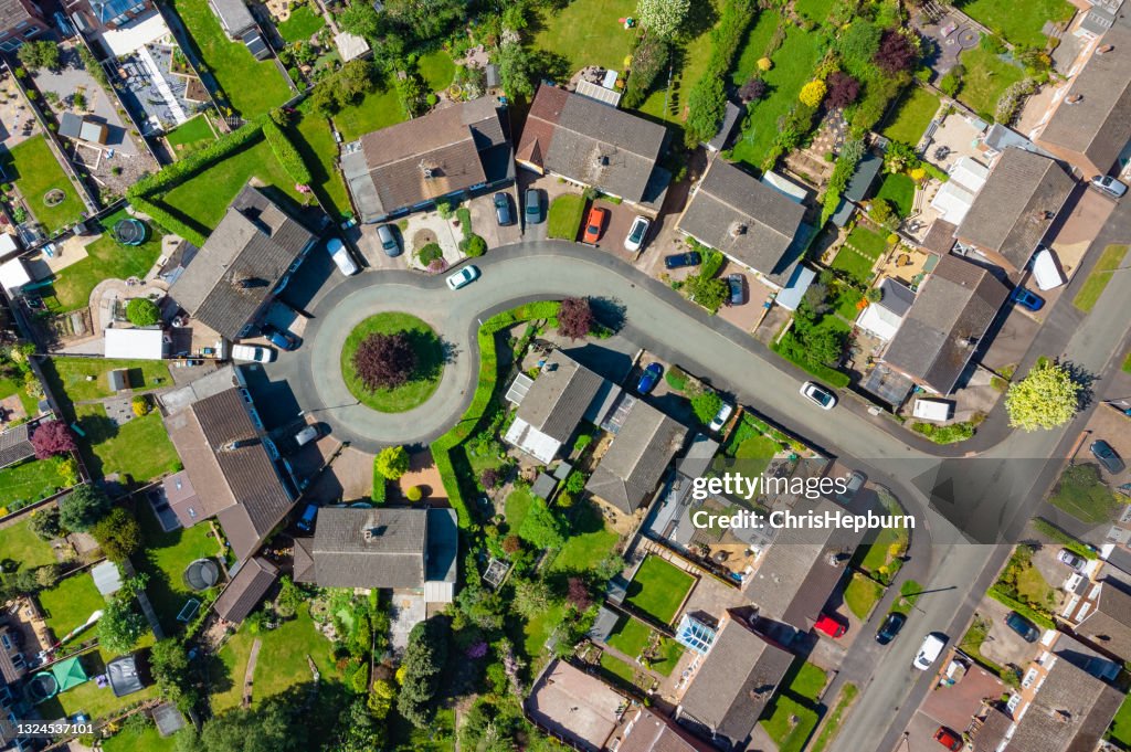 Top down aerial view of typical suburban estate in England, UK