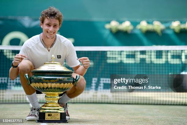 Ugo Humbert of France celebrates after winning the tournaments final match against Andrey Rublev of Russia during day 9 of the Noventi Open at...