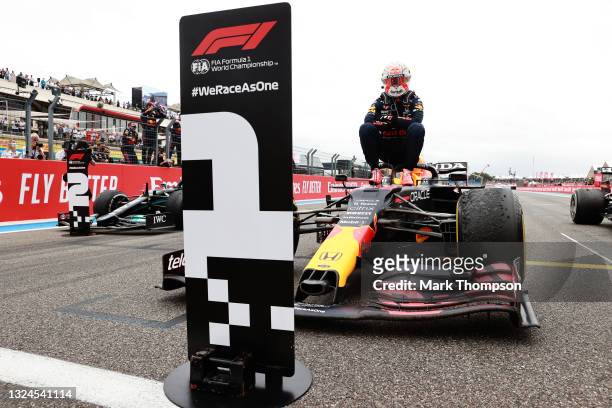 Race winner Max Verstappen of Netherlands and Red Bull Racing celebrates in parc ferme during the F1 Grand Prix of France at Circuit Paul Ricard on...