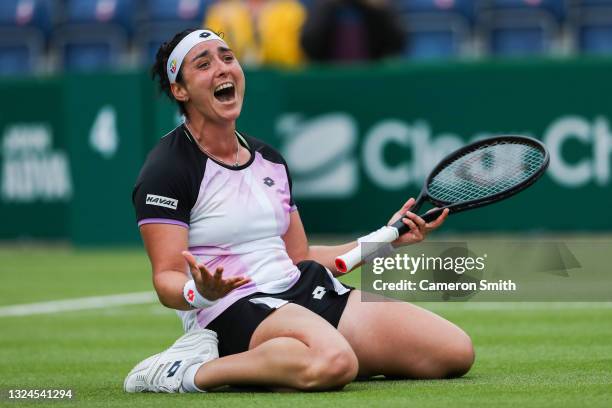 Ons Jabeur of Tunisia celebrates victory over Daria Kasatkina of Russia during the final of the Viking Classic Birmingham at Edgbaston Priory Club on...