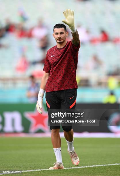 Ugurcan Cakir of Turkey reacts during the warm up prior to the UEFA Euro 2020 Championship Group A match between Switzerland and Turkey at Baku...