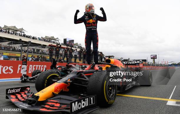 Race winner Max Verstappen of Netherlands and Red Bull Racing celebrates in parc ferme during the F1 Grand Prix of France at Circuit Paul Ricard on...