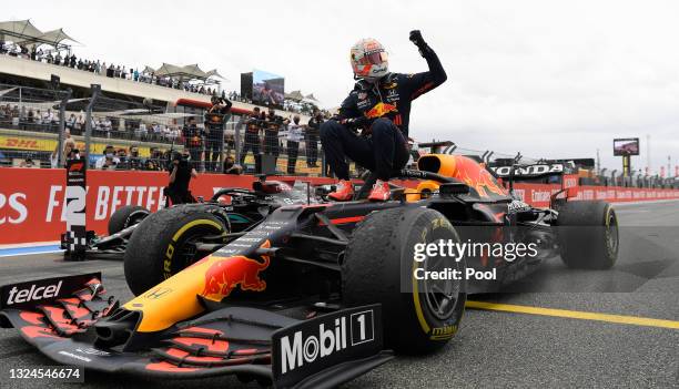 Race winner Max Verstappen of Netherlands and Red Bull Racing celebrates in parc ferme during the F1 Grand Prix of France at Circuit Paul Ricard on...