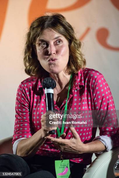 Comedian and actress Sabina Guzzanti attends in the Salerno Literature Festival on June 19, 2021 in Salerno, Italy.