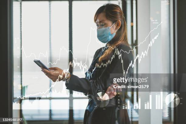 an asian businesswoman using smartphone with plan growth and increase of positive indicators in her business - woman multiple image 40-45 stock pictures, royalty-free photos & images