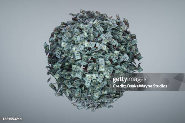 money ball. sphere of hundred dollar banknotes. many us dollar bills in air make geometric shape. - capitalismo foto e immagini stock