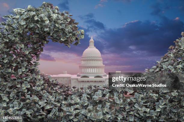 computer graphics of dollar banknotes stream flying around united states capitol. colorful twilight sky with clouds in backgrounds. - money politics fotografías e imágenes de stock