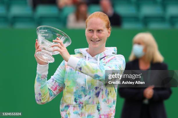 Alison Van Uytvanck of Belgium wins the Finals match against Arina Rodionova of Australia during the ITF W100 Final of the Nottingham Trophy at...