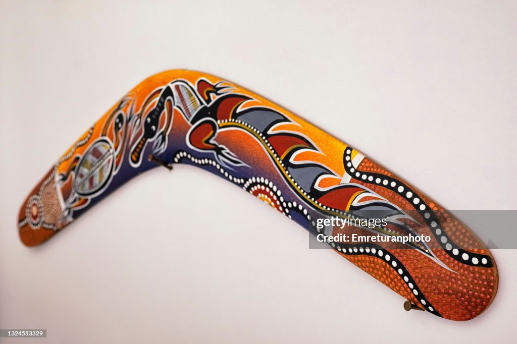 Decorative boomerang on a wall.