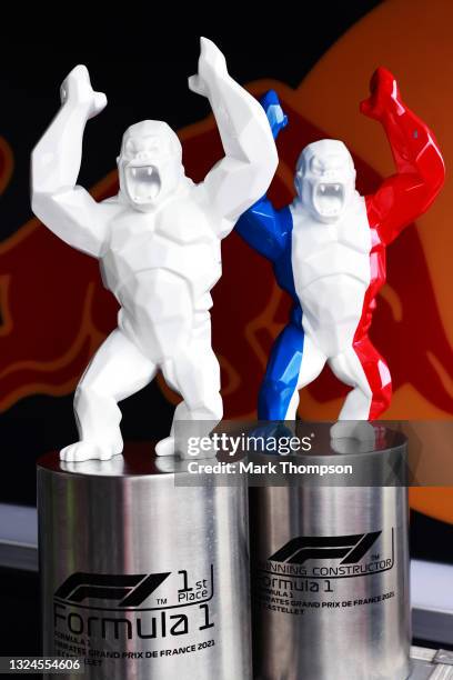 The race winners trophies of Max Verstappen of Netherlands and Red Bull Racing are pictured in the garage after the F1 Grand Prix of France at...