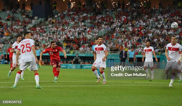 Xherdan Shaqiri of Switzerland scores their side's second goal during the UEFA Euro 2020 Championship Group A match between Switzerland and Turkey at...