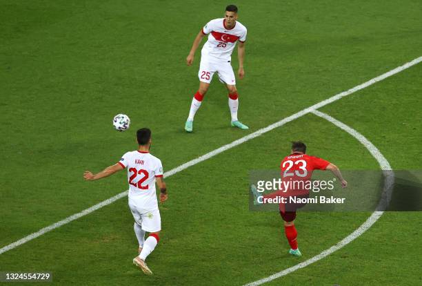 Xherdan Shaqiri of Switzerland scores their side's second goal during the UEFA Euro 2020 Championship Group A match between Switzerland and Turkey at...