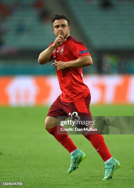 Xherdan Shaqiri of Switzerland celebrates after scoring their team's second goal during the UEFA Euro 2020 Championship Group A match between...