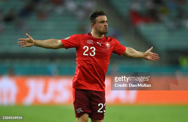 Xherdan Shaqiri of Switzerland celebrates after scoring their team's second goal during the UEFA Euro 2020 Championship Group A match between...