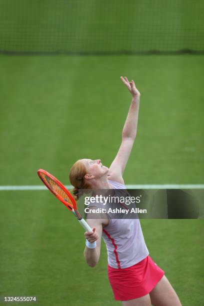 Alison Van Uytvanck of Belgium serves in the Finals match against Arina Rodionova of Australia during the ITF W100 Final of the Nottingham Trophy at...