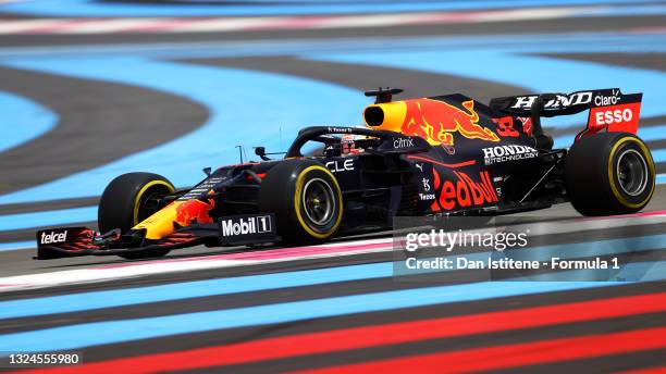 Max Verstappen of the Netherlands driving the Red Bull Racing RB16B Honda on track during the F1 Grand Prix of France at Circuit Paul Ricard on June...