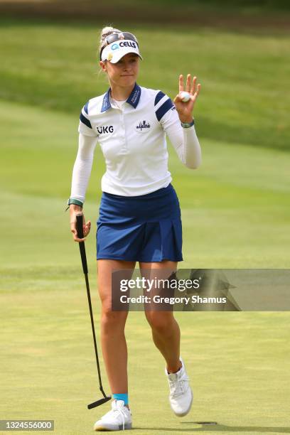 Nelly Korda reacts her birdie on the green during the final round of the Meijer LPGA Classic for Simply Give at Blythefield Country Club on June 20,...